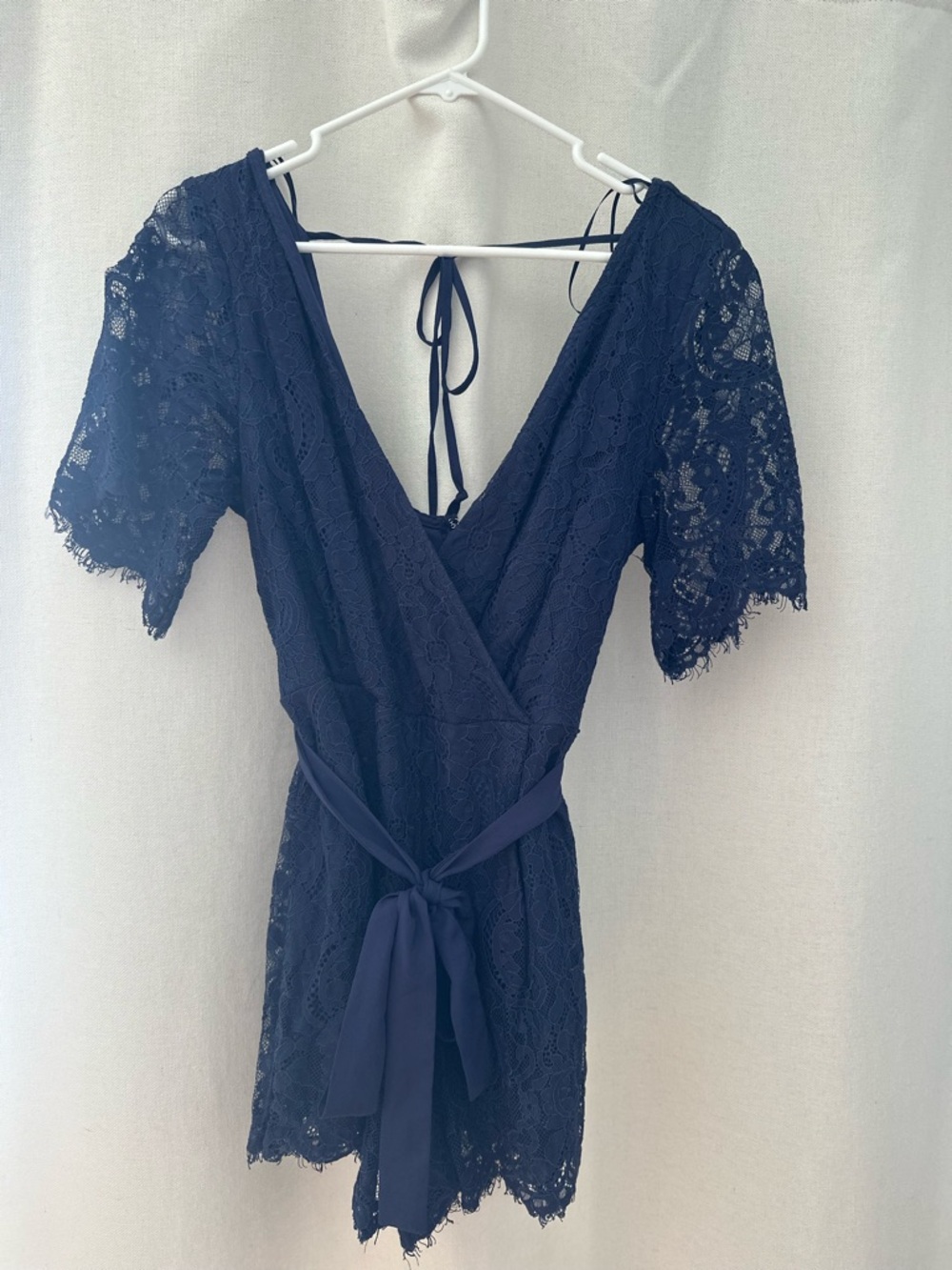 Blue Rain Navy Lace Wrap Mini Romper